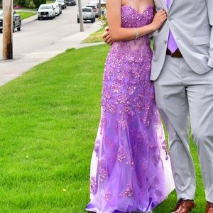 Lavender prom dress with corset back and illusion front